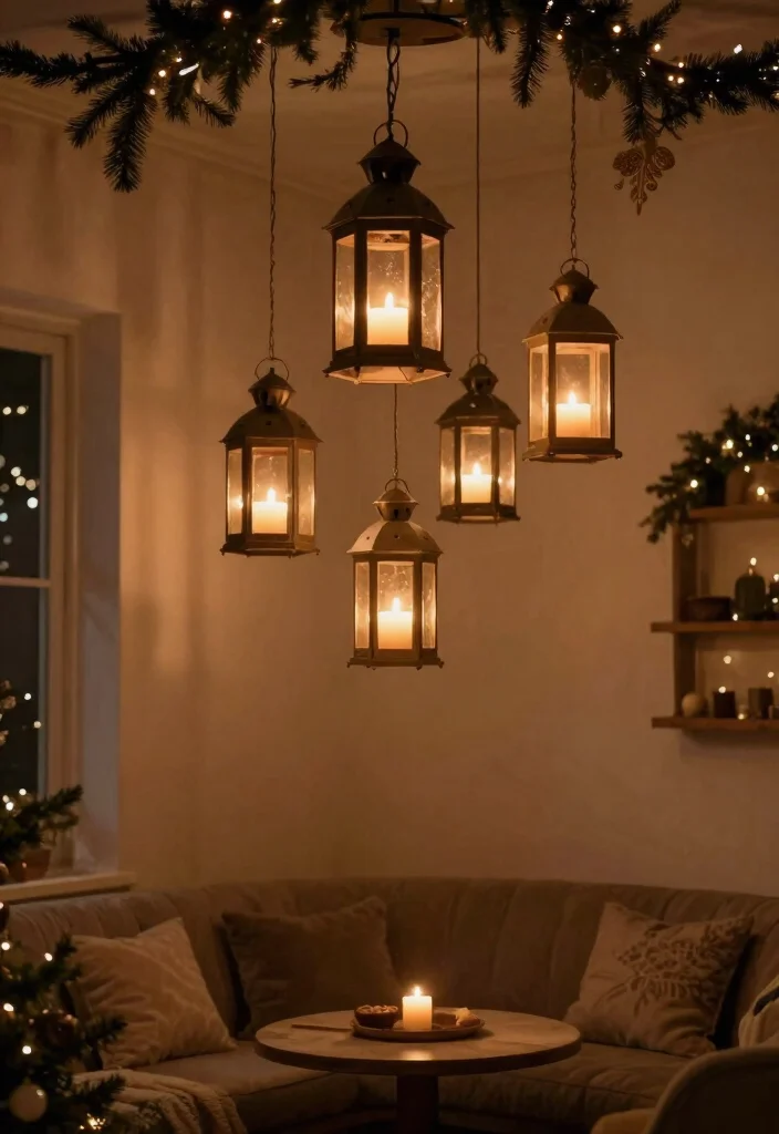 15 Christmas Ceiling Decorations Ideas for Rooms With Low Ceilings - 8. Lanterns and Candles 1