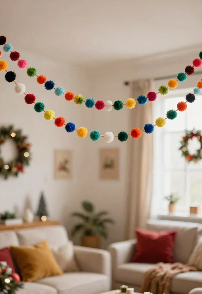 15 Christmas Ceiling Decorations Ideas for Rooms With Low Ceilings - 9. Colorful Pom-Pom Garlands 1