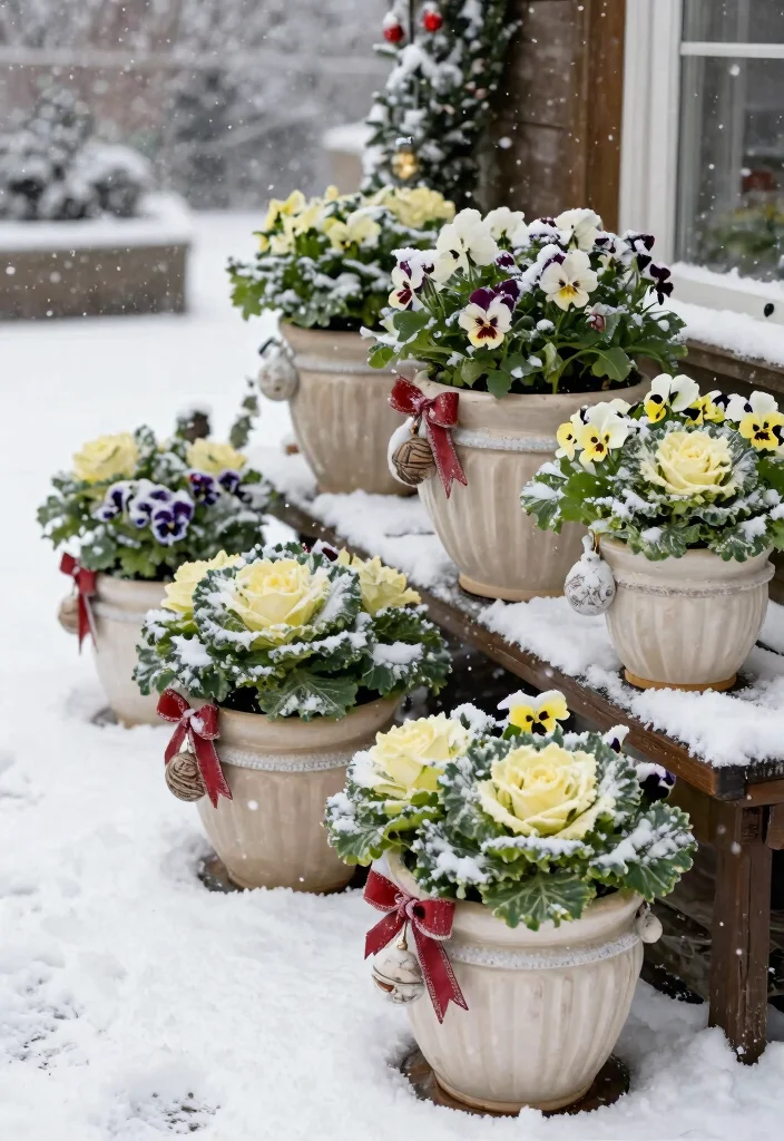 15 Christmas Outdoor Decor Ideas That Survive Wind and Rain - 5. Holiday-Themed Planters 1