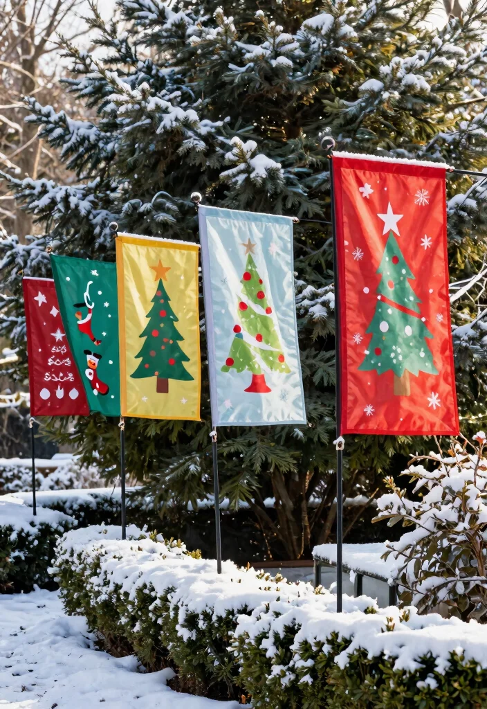 15 Christmas Outdoor Decor Ideas That Survive Wind and Rain - 6. Resilient Garden Flags 1