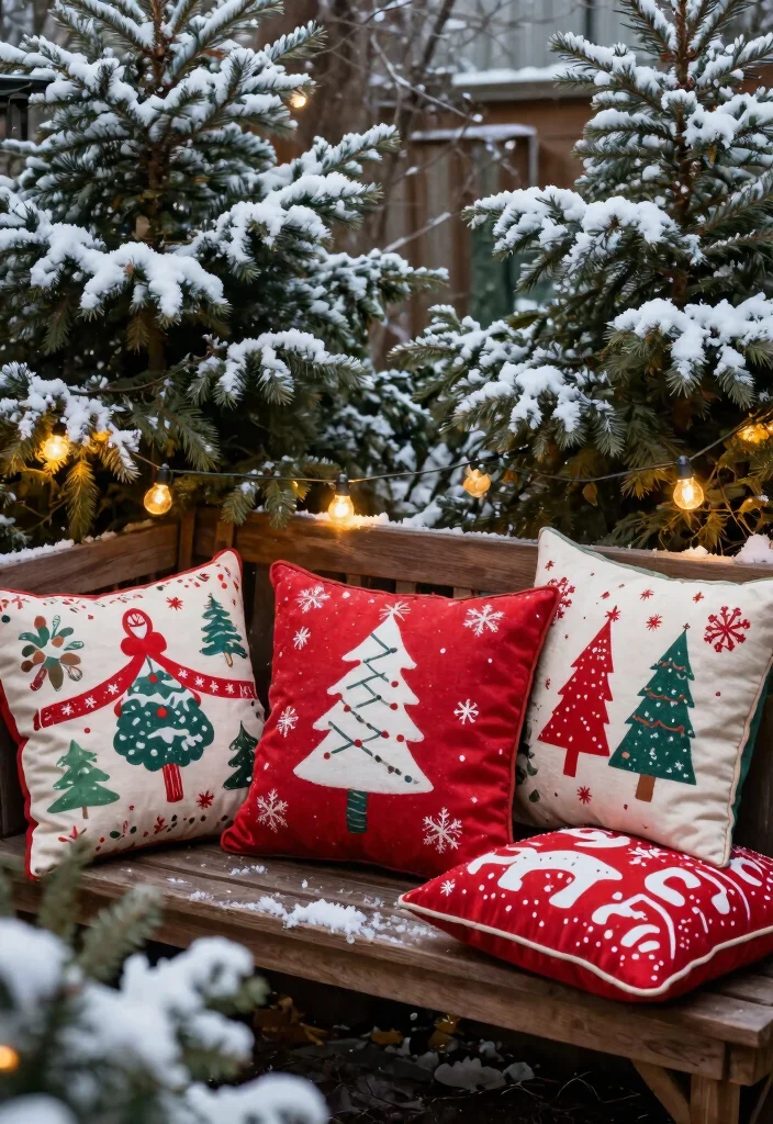 15 Christmas Outdoor Decor Ideas That Survive Wind and Rain - 7. Festive Outdoor Pillows 1