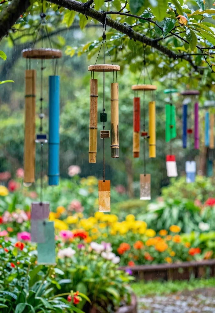 15 Outdoor Garden Decor Ideas That Survive Rain Without Constant Upkeep - 13. Colorful Wind Chimes 1
