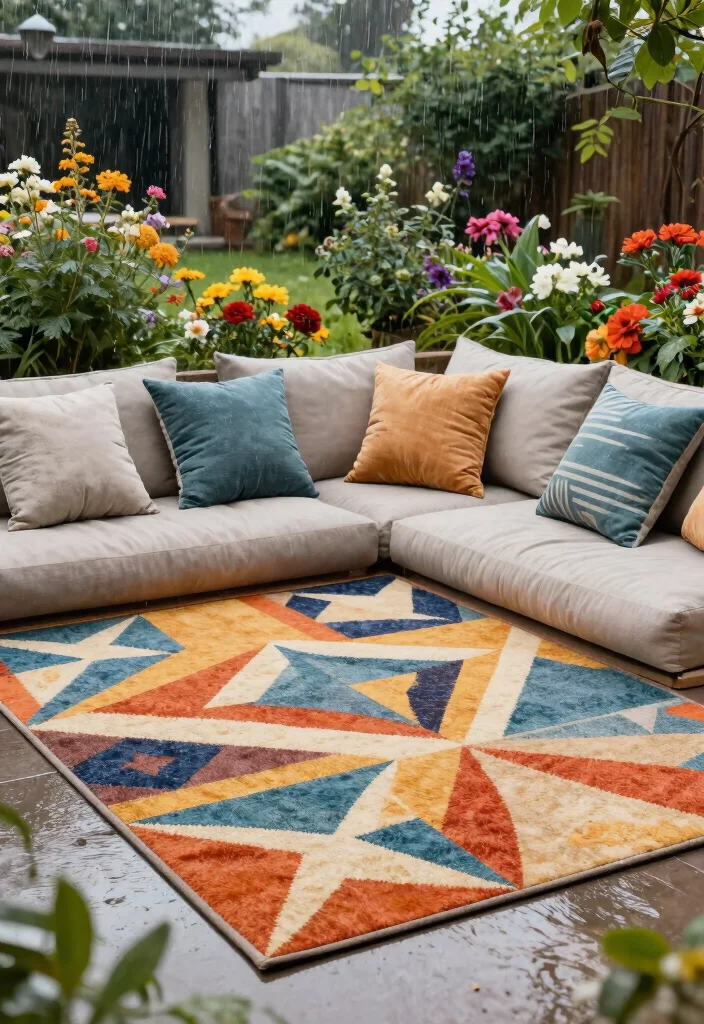 15 Outdoor Garden Decor Ideas That Survive Rain Without Constant Upkeep - 4. Durable Outdoor Rugs 1