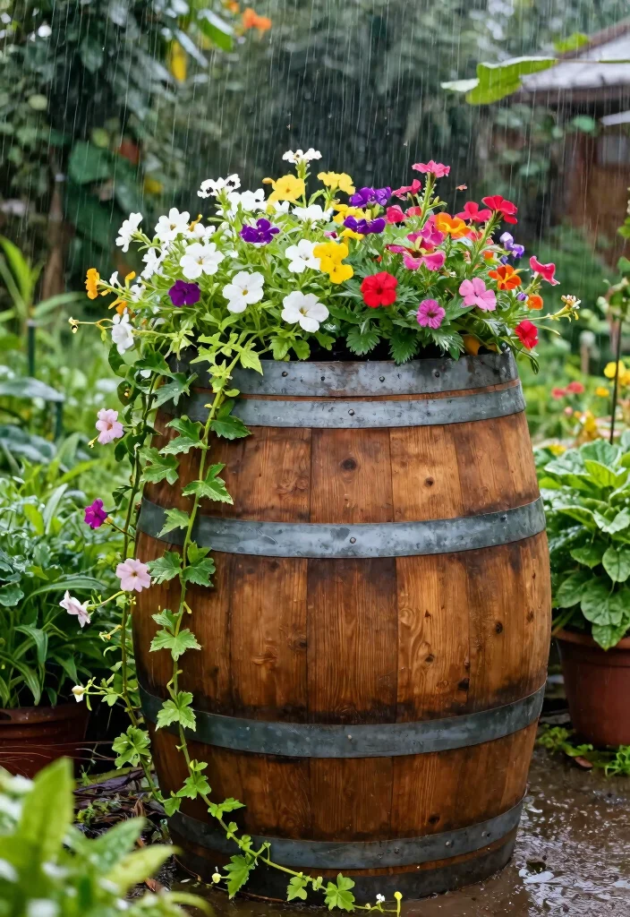15 Outdoor Garden Decor Ideas That Survive Rain Without Constant Upkeep - 5. Repurposed Rain Barrels 1