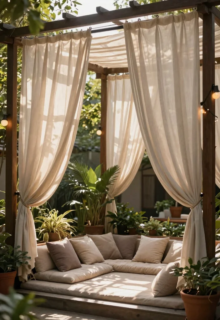 15 Privacy Walls Backyard Ideas That Block Neighbors Without Permits - 7. Fabric Draped Privacy Curtains 1