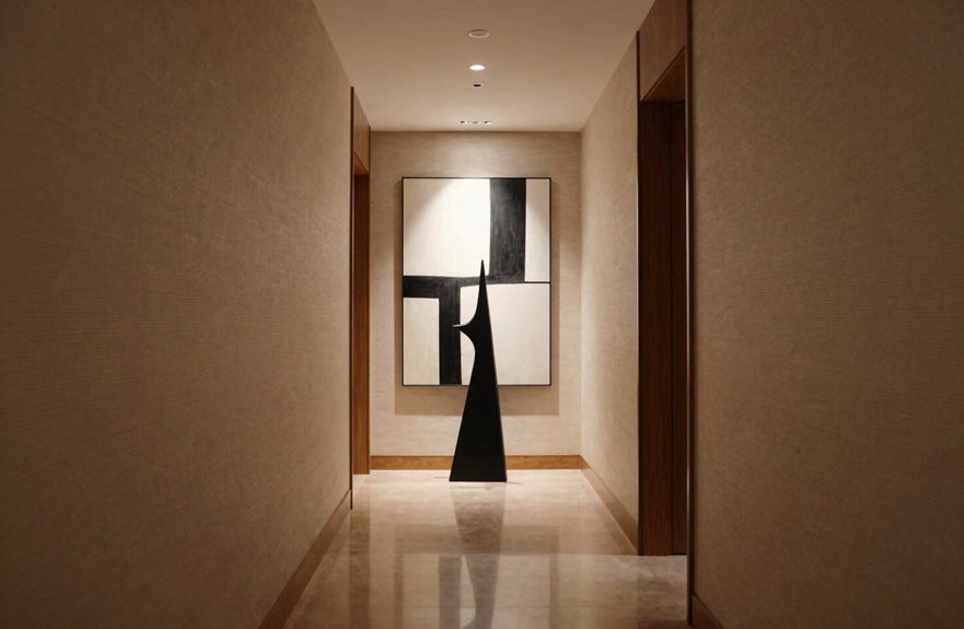 bold focal piece anchors hallway end