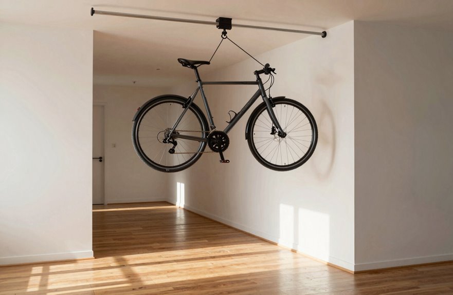 How to Store a Bike in a Small Apartment Without Taking Over Your Space 4 floor to ceiling tension rod bike storage