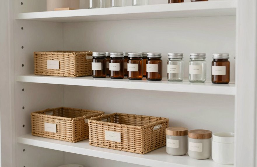 woven baskets labeled jars store items