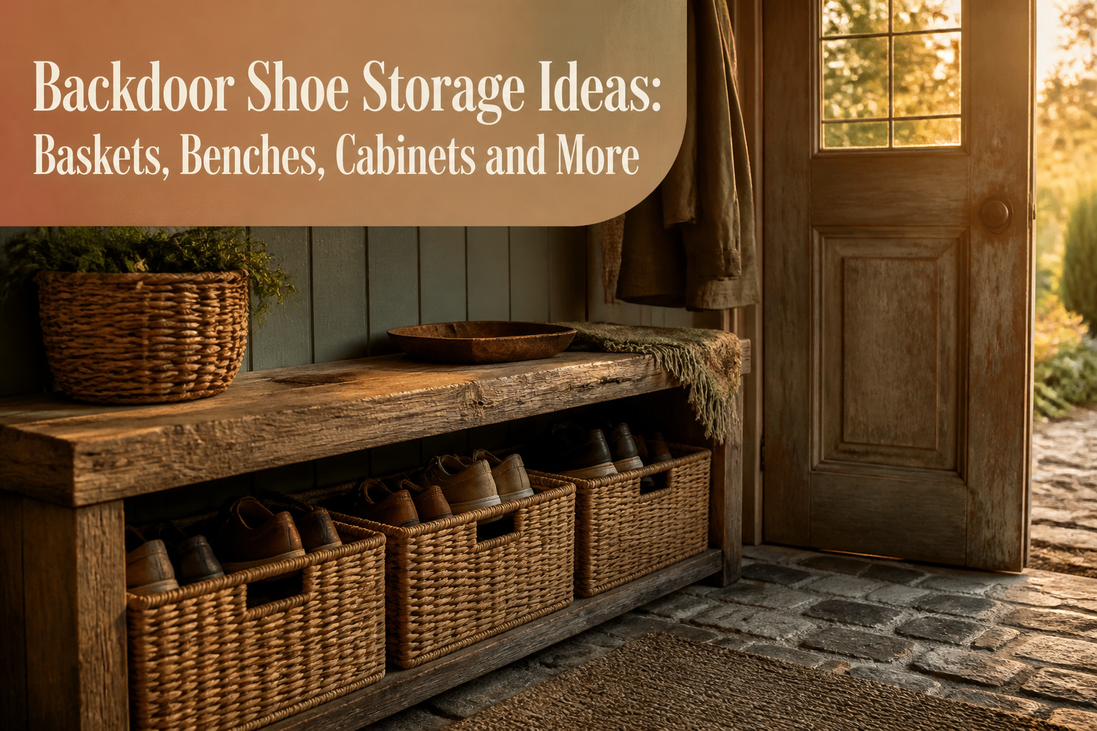 Different shoe storage options including baskets, benches, and cabinets.