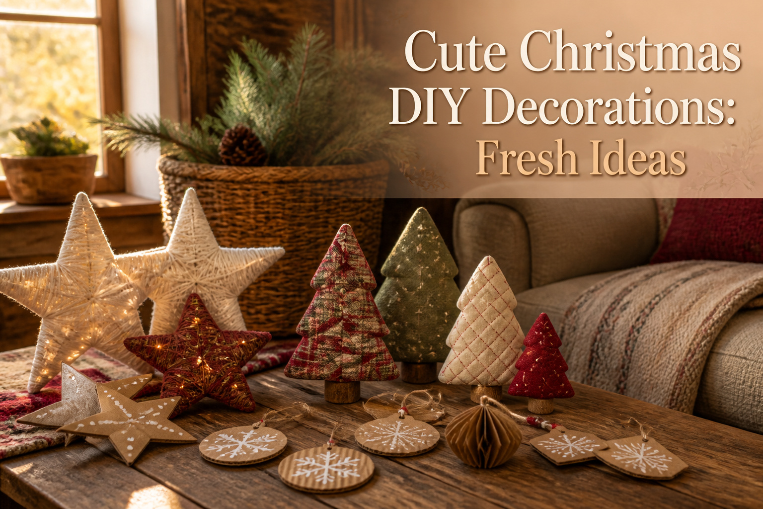 Various DIY Christmas decorations arranged in a festive display.
