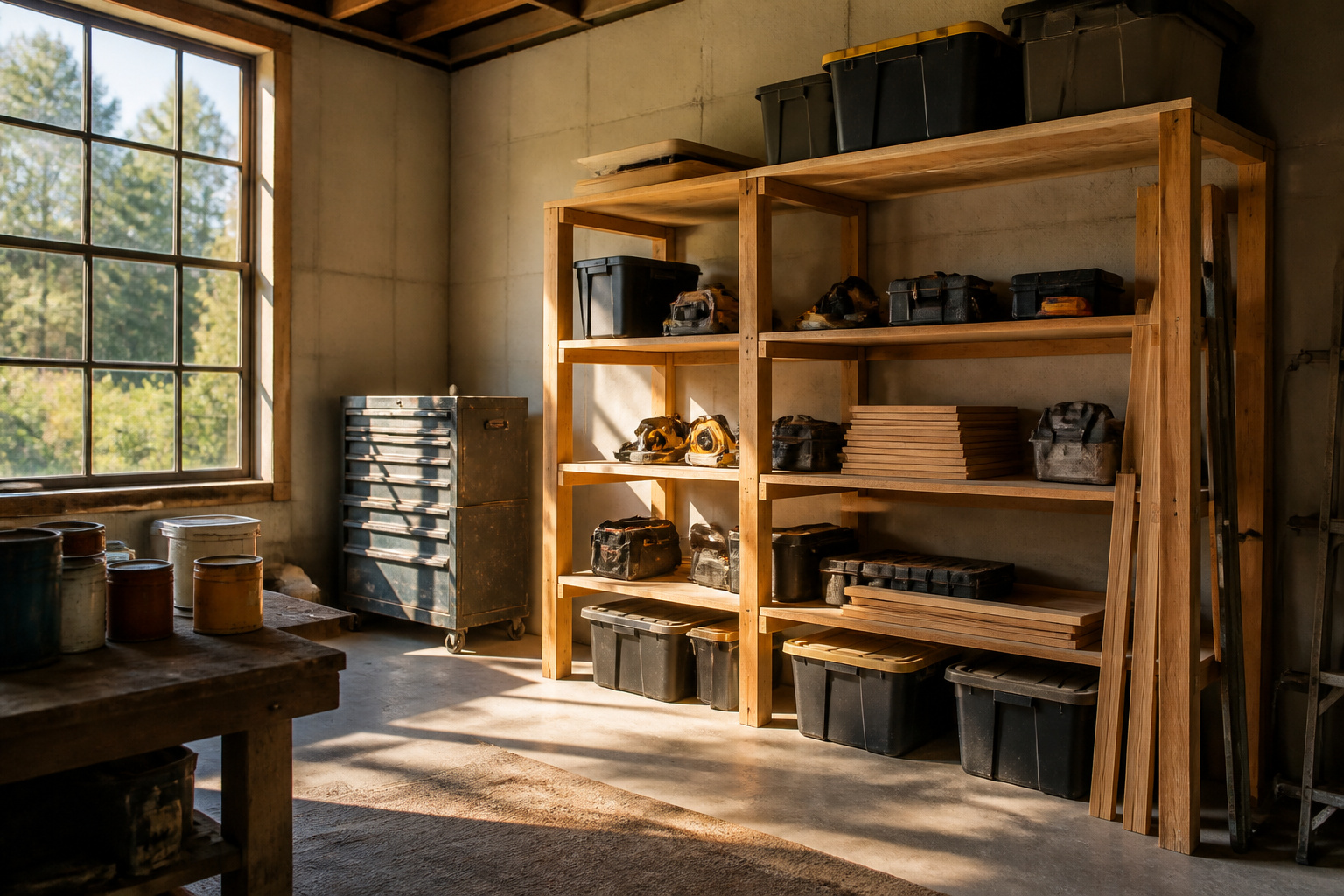 Collage of various DIY garage storage solutions including shelves, racks, and bins.