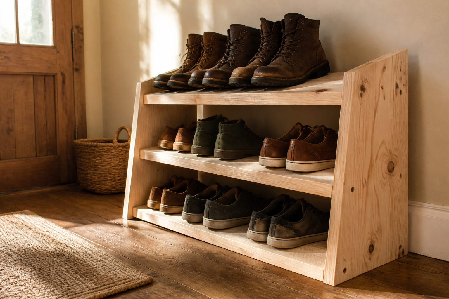 DIY shoe rack constructed from rough pine boards, awaiting assembly.