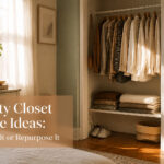An organized closet with various clothing and storage solutions.