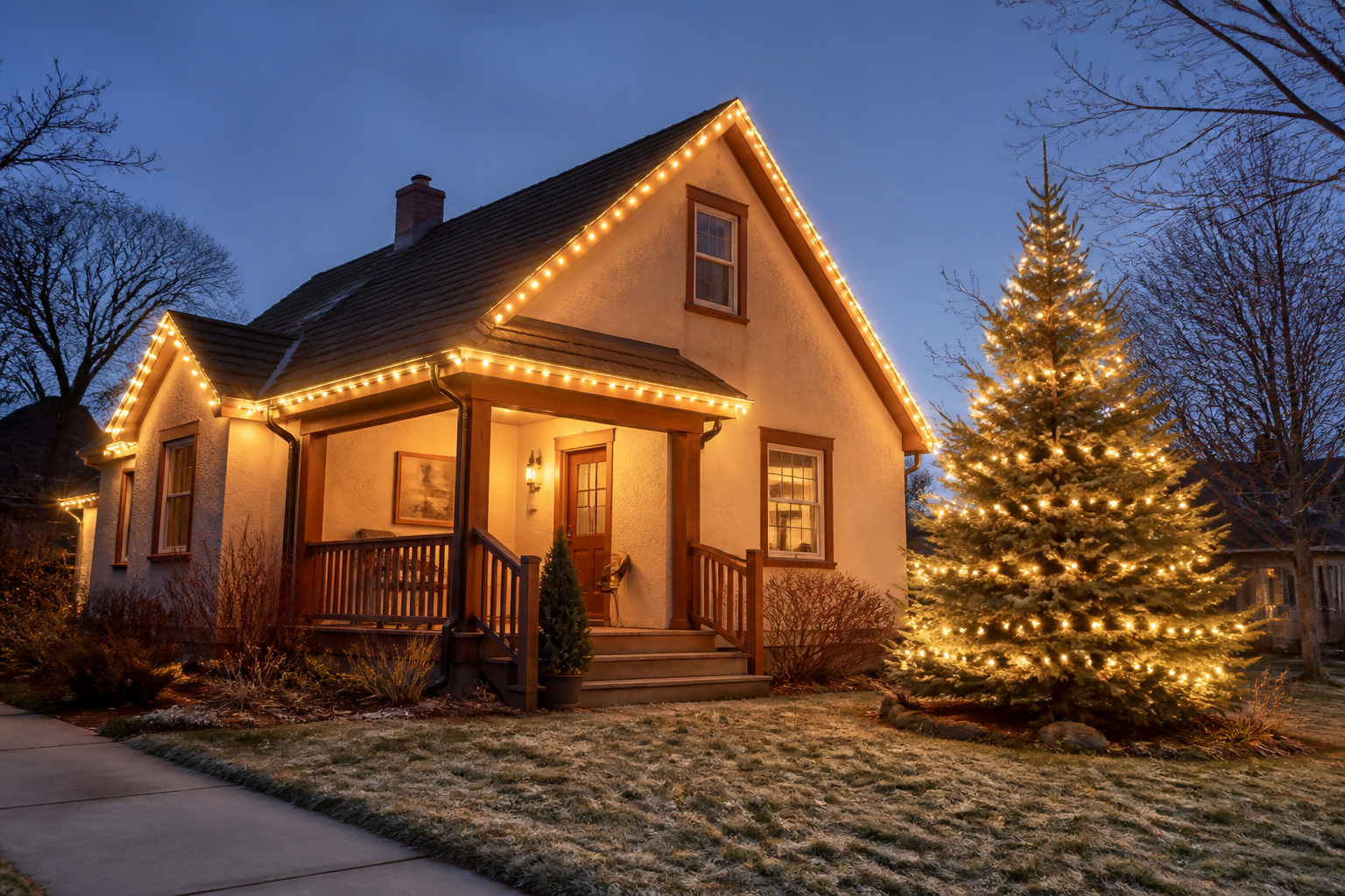 A festive home decorated with various exterior Christmas lights.