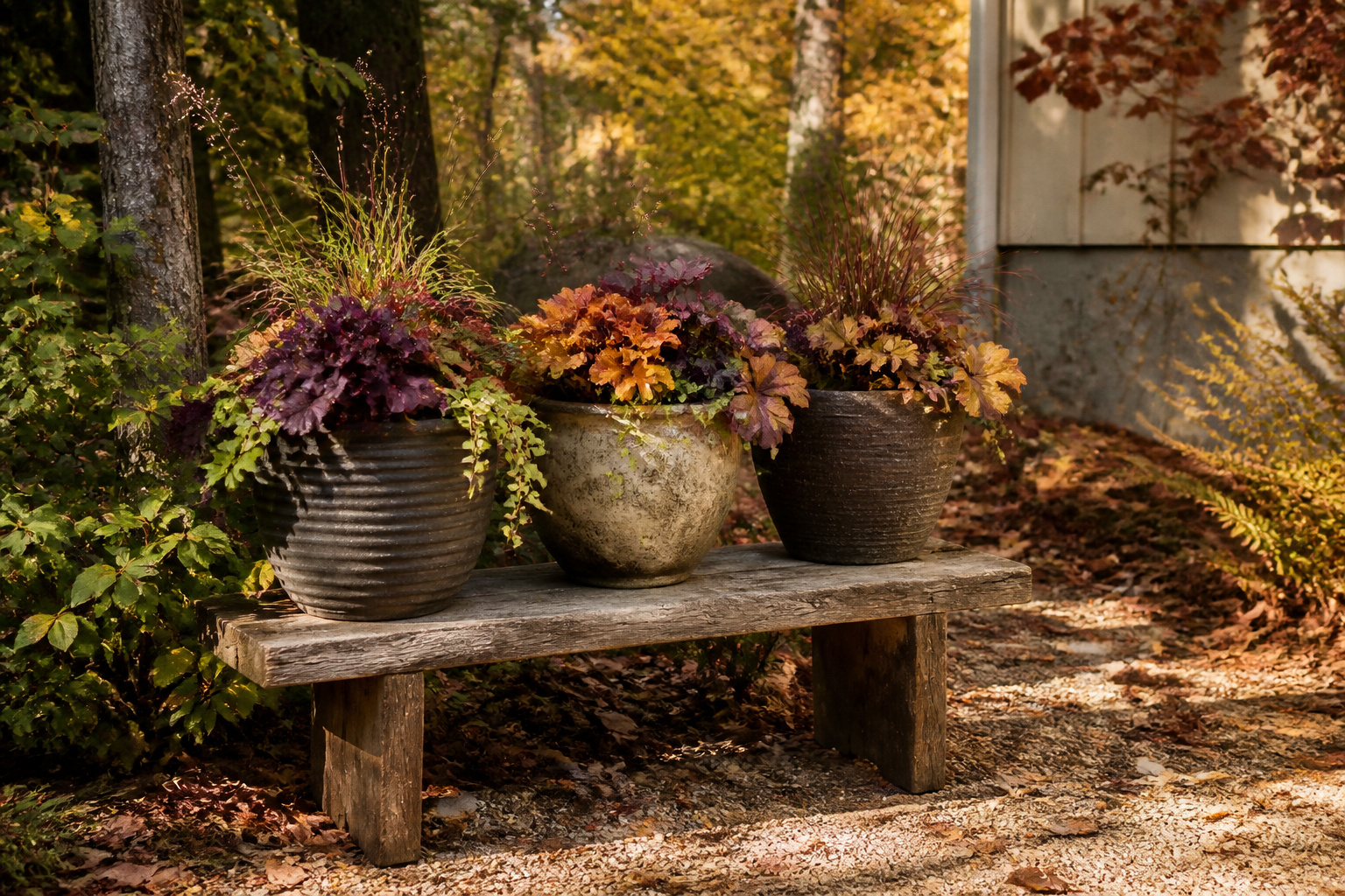 A mix of fall plants in various colors arranged in a container.