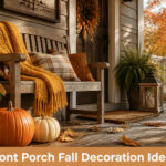 A front porch decorated for fall with pumpkins, a wreath, and seasonal decor.