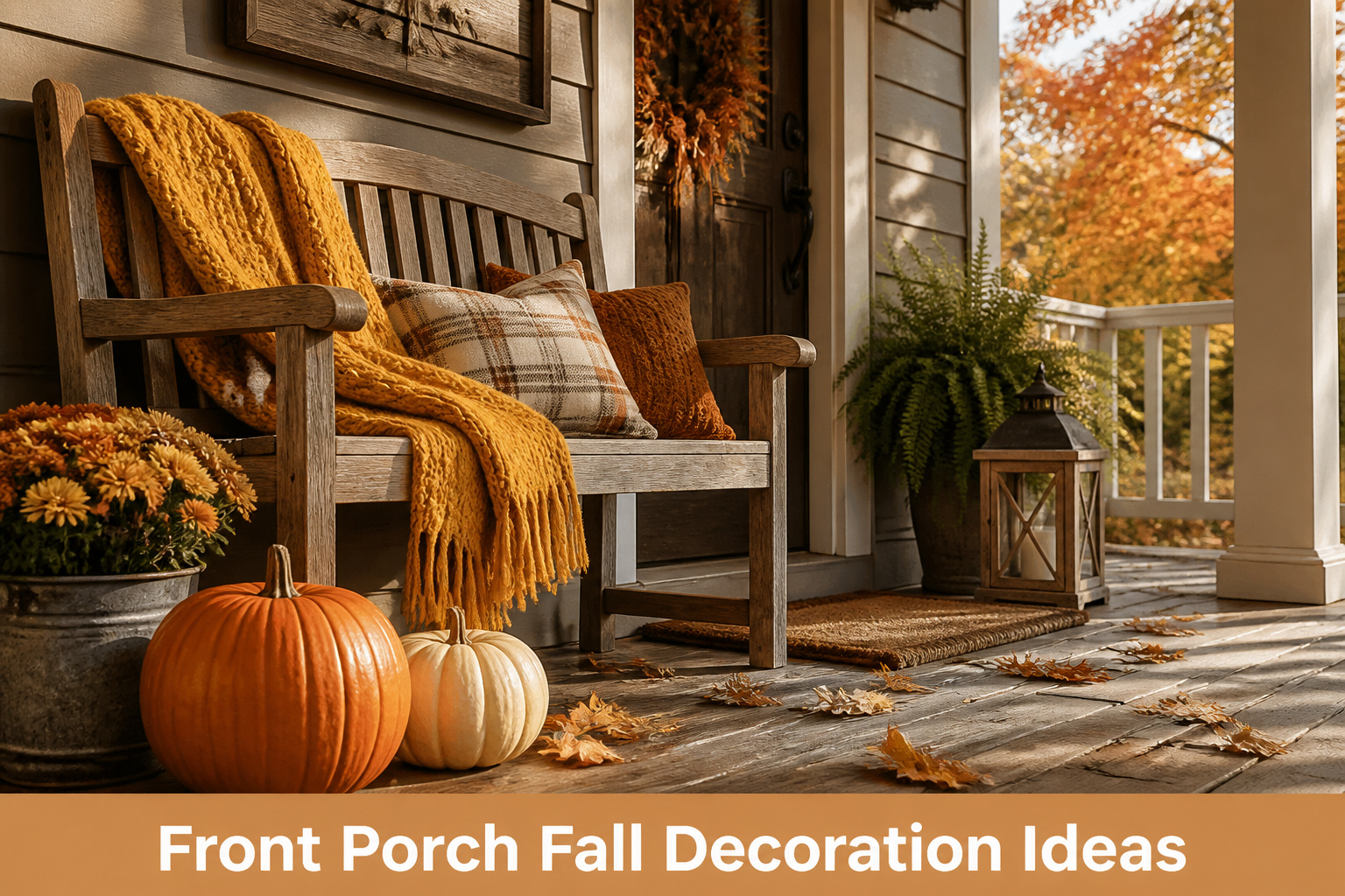A front porch decorated for fall with pumpkins, a wreath, and seasonal decor.