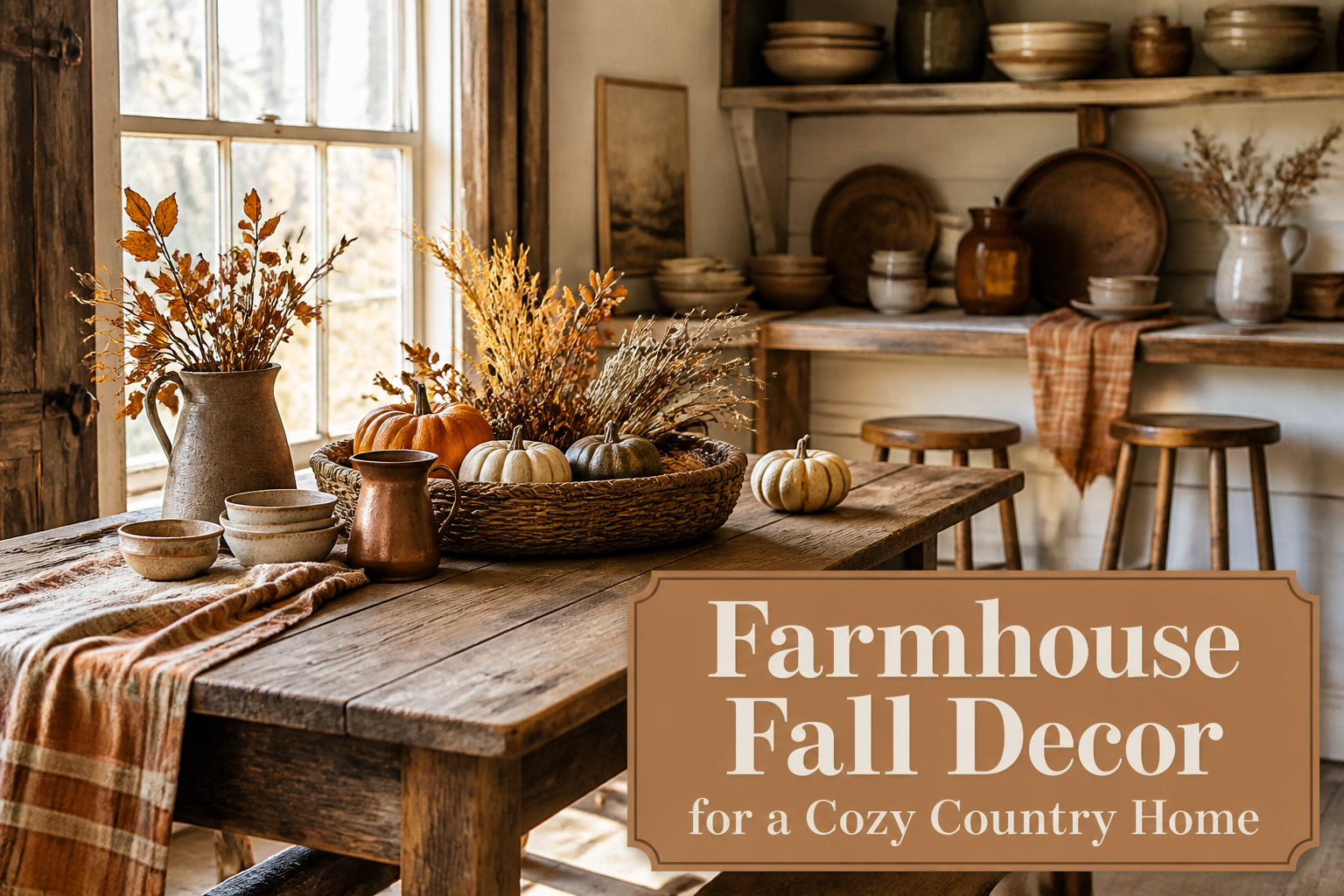 A cozy farmhouse setting with fall decor featuring pumpkins and warm colors.