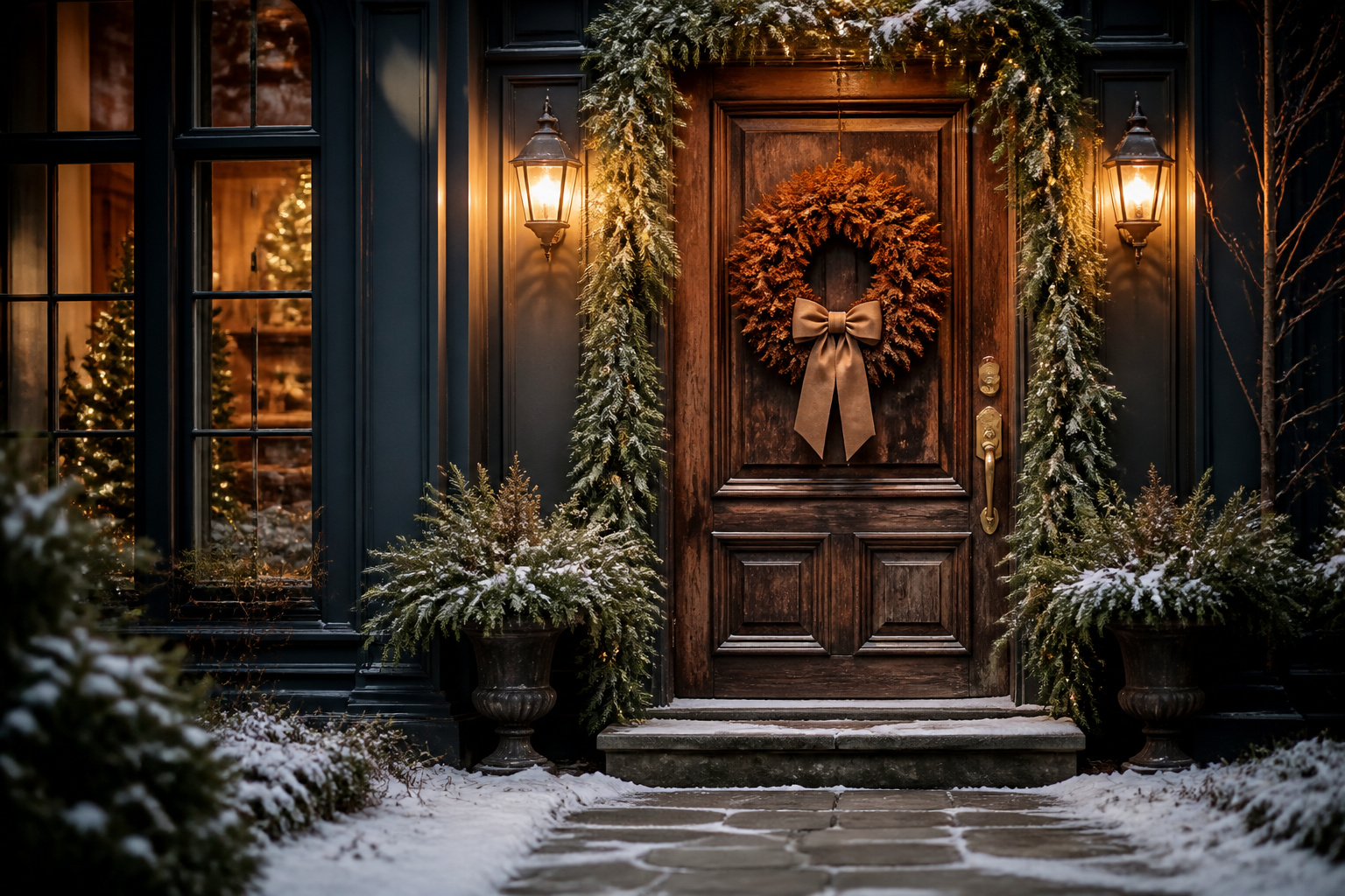 A door decorated with a wreath and fairy lights.