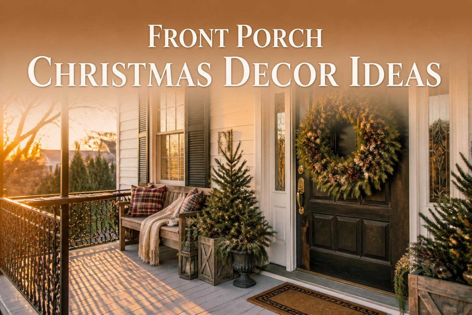 A front porch decorated for Christmas with garlands, lanterns, and seating.