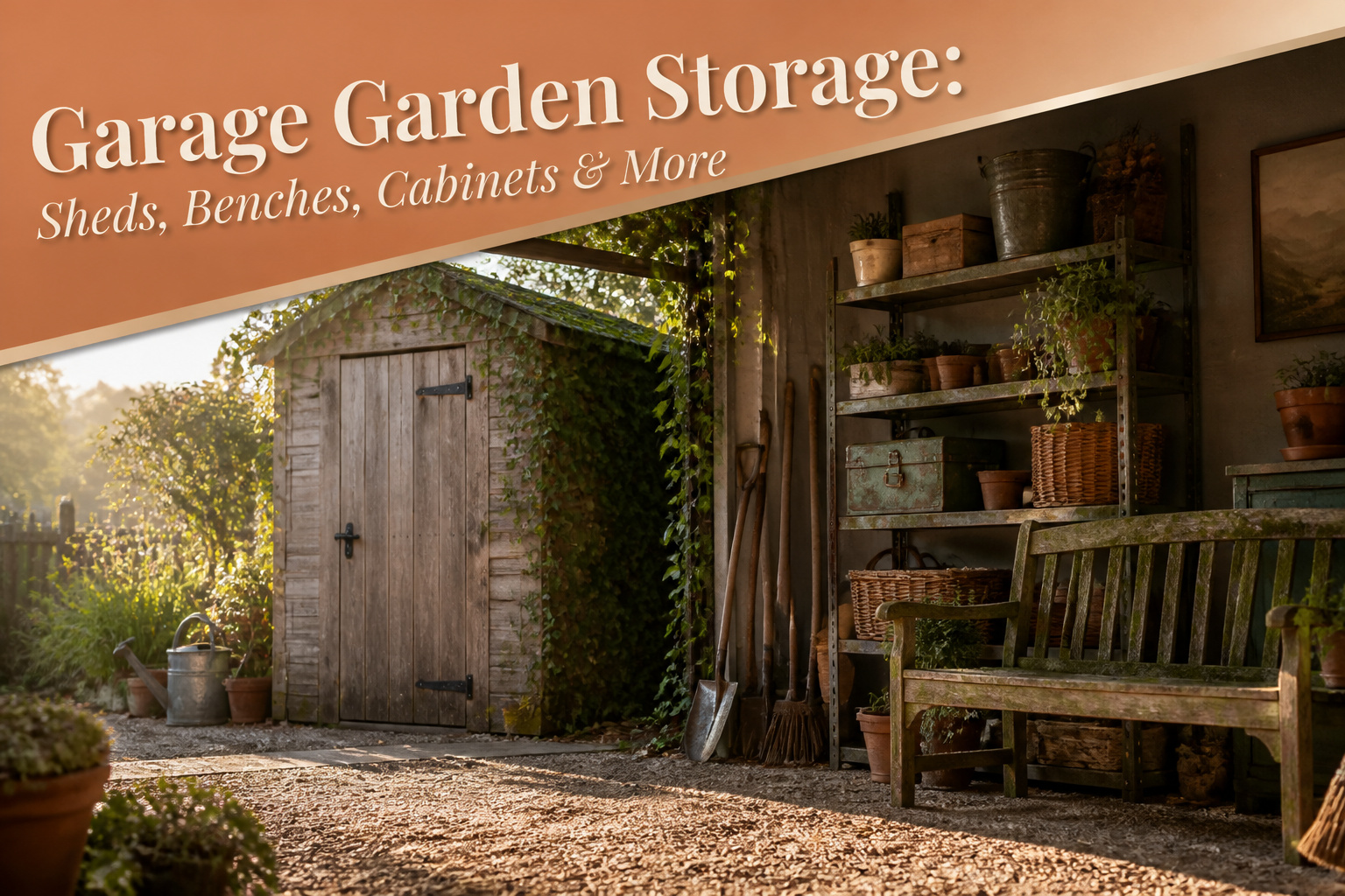 A garage with different storage options for garden tools and supplies.
