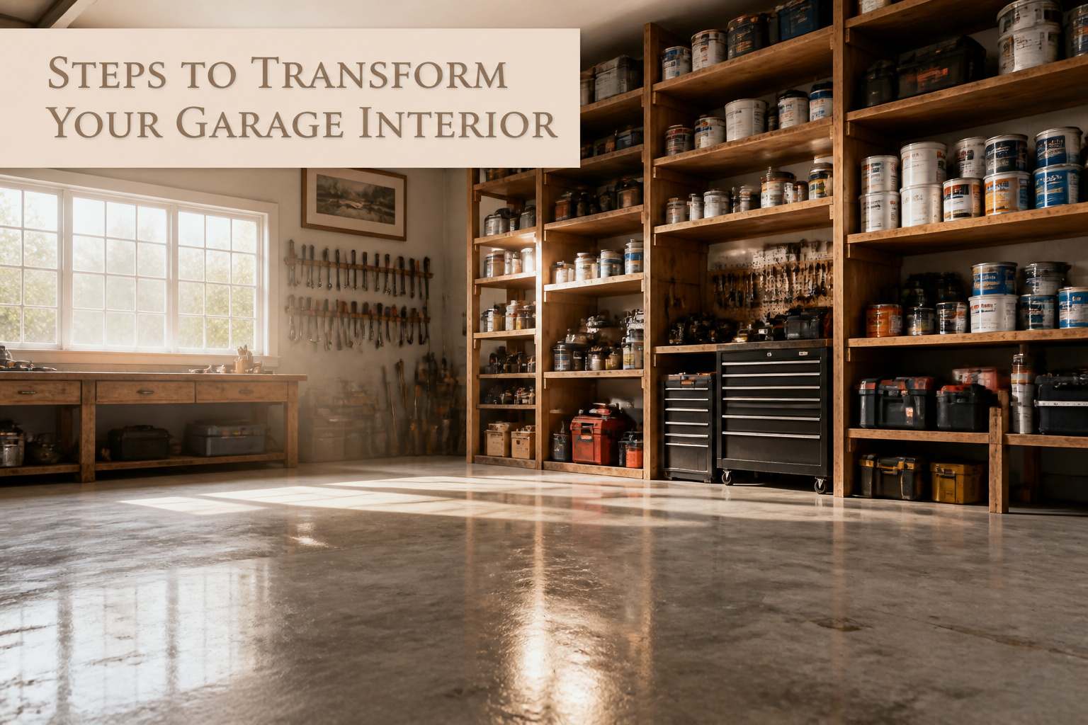 A transformed garage interior with organized tools and decor.