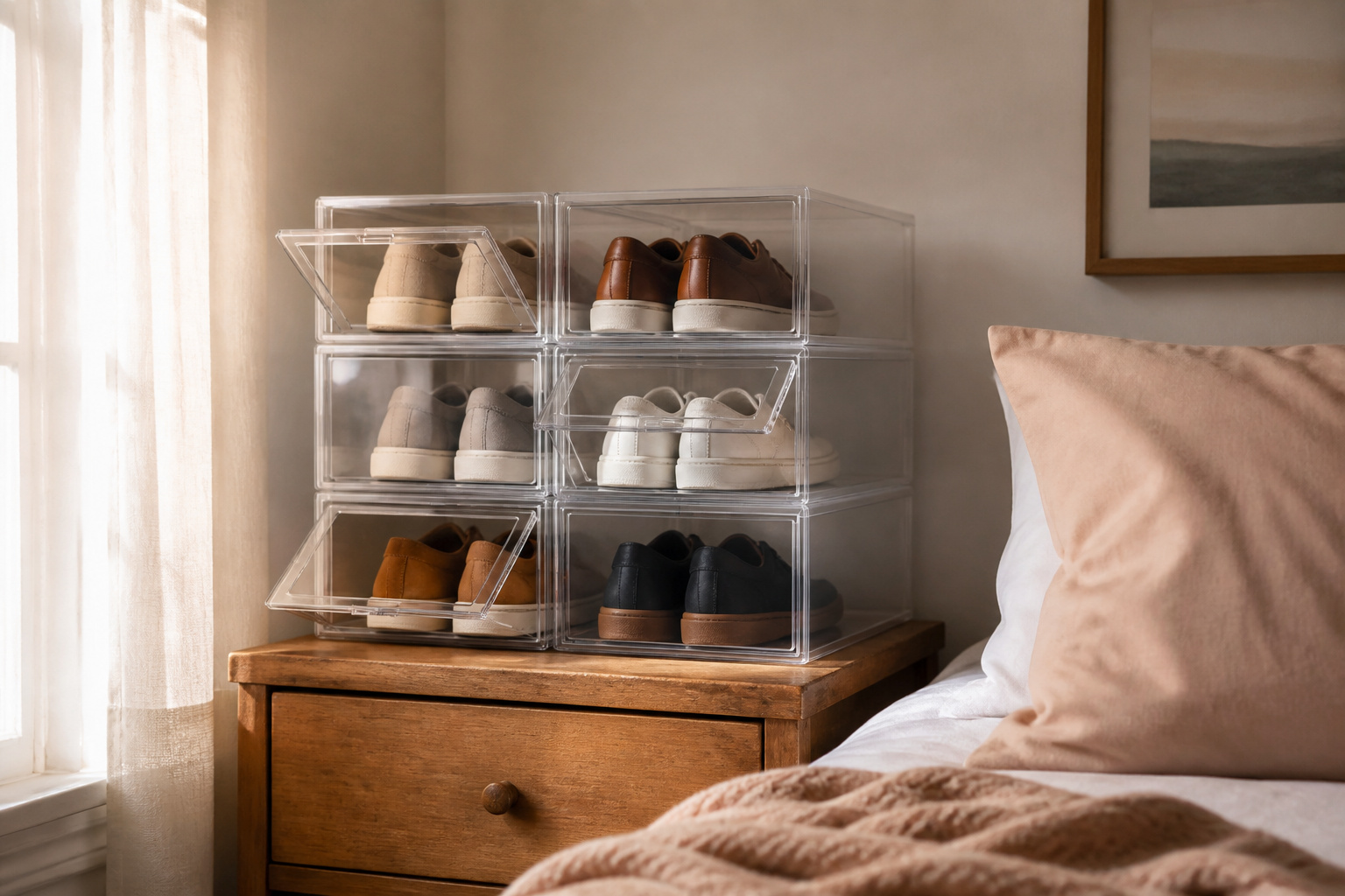 Acrylic shoe boxes arranged in an organized storage system.