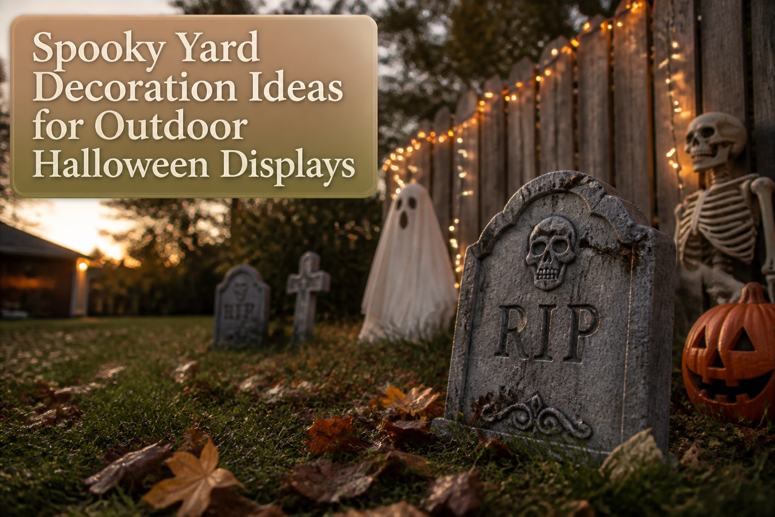 An assortment of Halloween decorations including inflatables, lights, and tombstones.