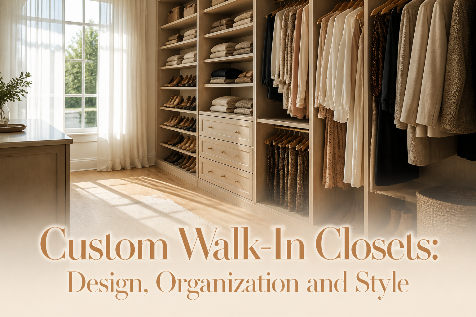 An organized walk-in closet featuring shelving, lighting, and an island.