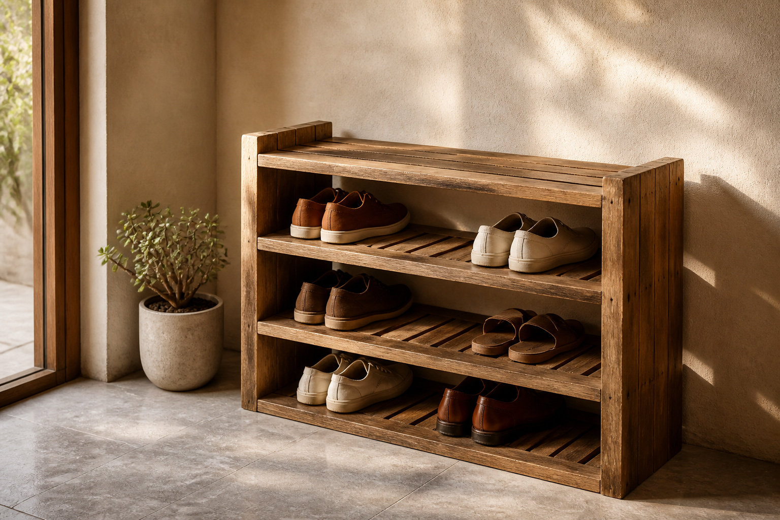 Wood shoe rack displayed in a well-decorated entryway.