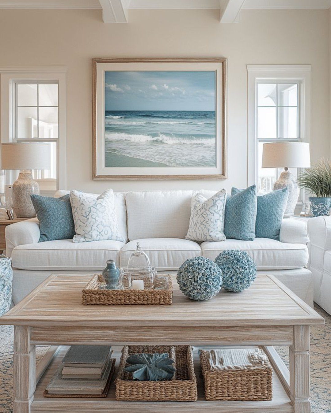 White sofa with blue accent pillows and a coastal ocean painting on the wall