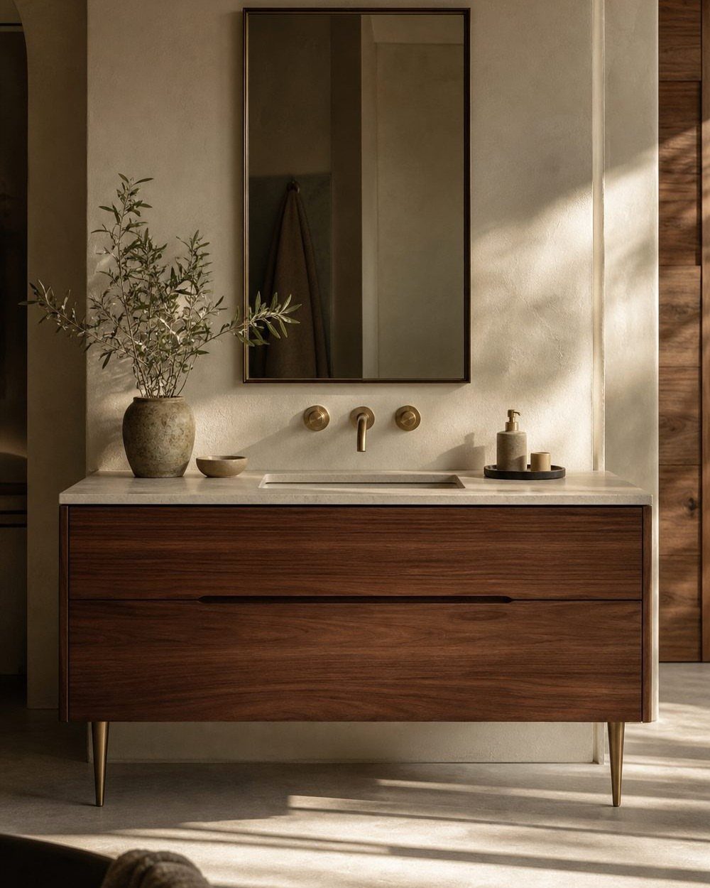 Mid century modern dark wood bathroom vanity with white marble top and gold legs